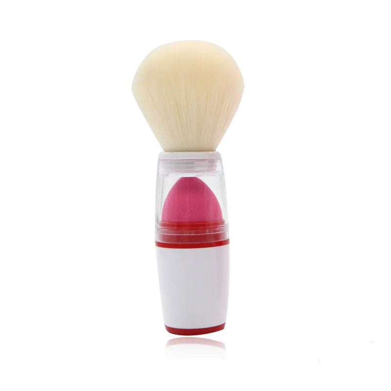 Single portable blush brush with sponge head puff, synthetic hair, and plastic handle in pink colour