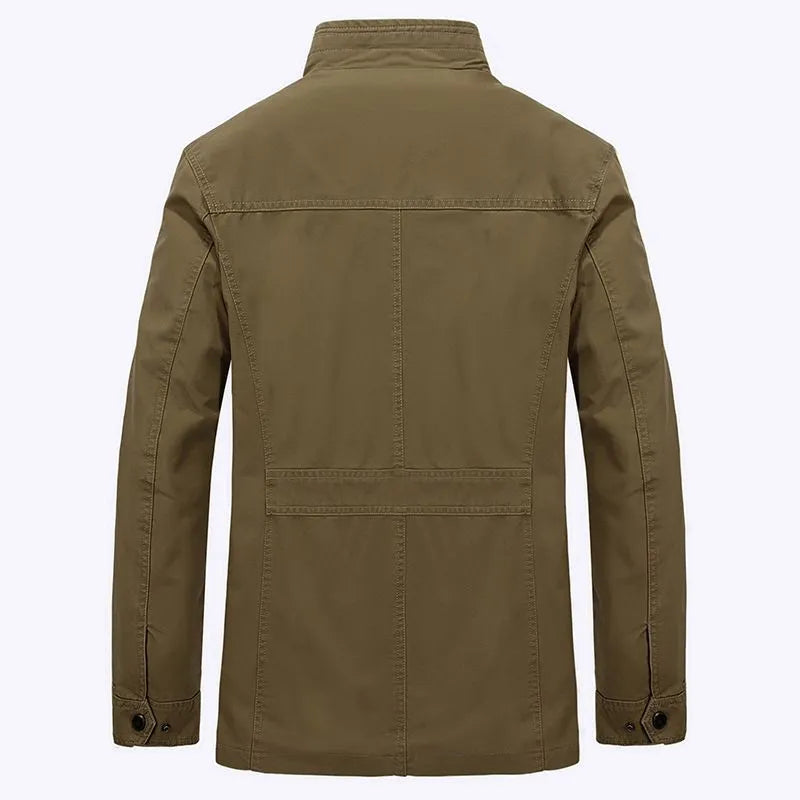 Men's cotton stand collar mid-length multi-pocket jacket in dark blue and khaki