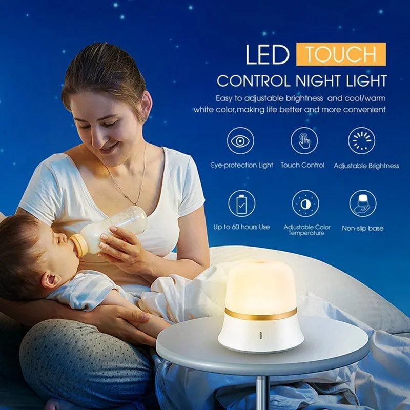 White bedside night light with touch controls, motion sensor, and rechargeable battery.