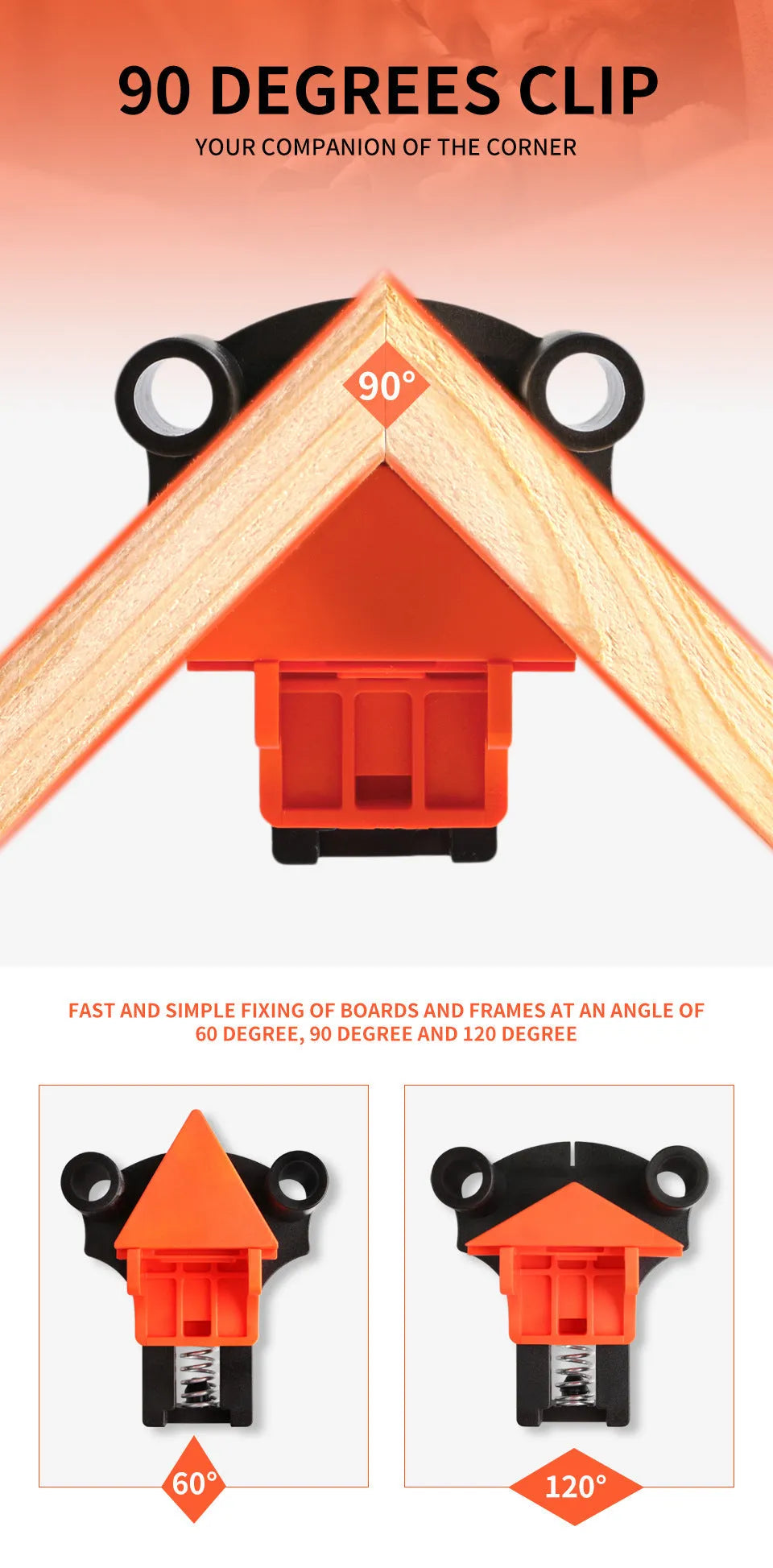 Four plastic 90-degree right angle clamps for woodworking and picture frame assembly