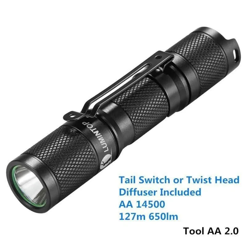 Black Lumintop Tool AA2.0 compact keychain flashlight with magnetic tail cap on a keyring.