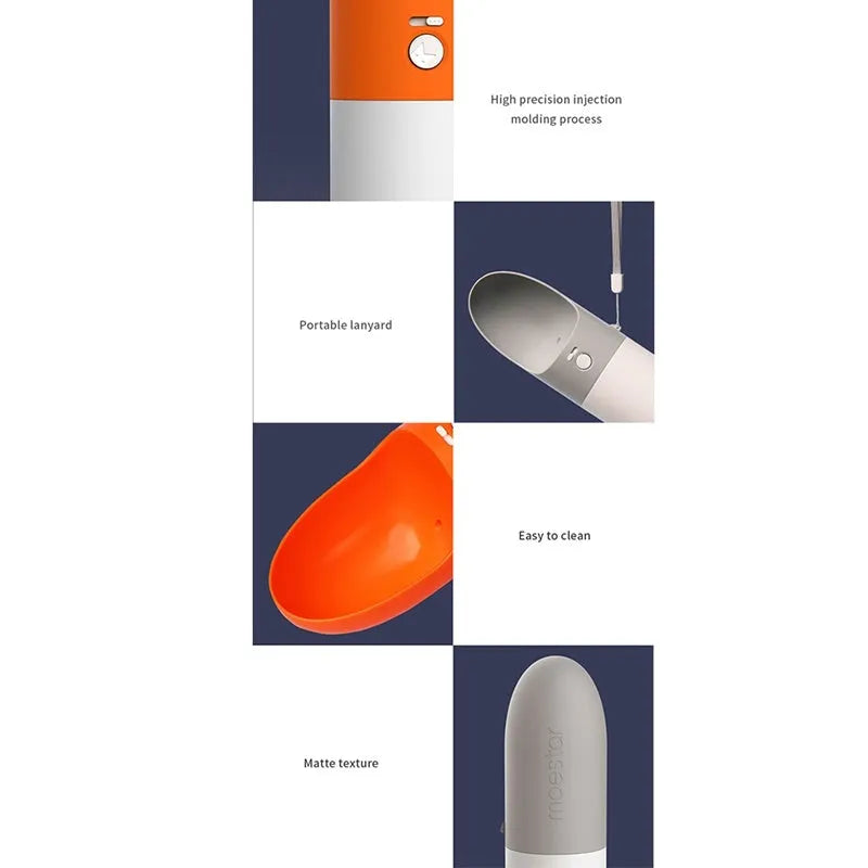 Moestar rocket-shaped pet drinking cup in white with grey or orange accents showing one-button lock mechanism