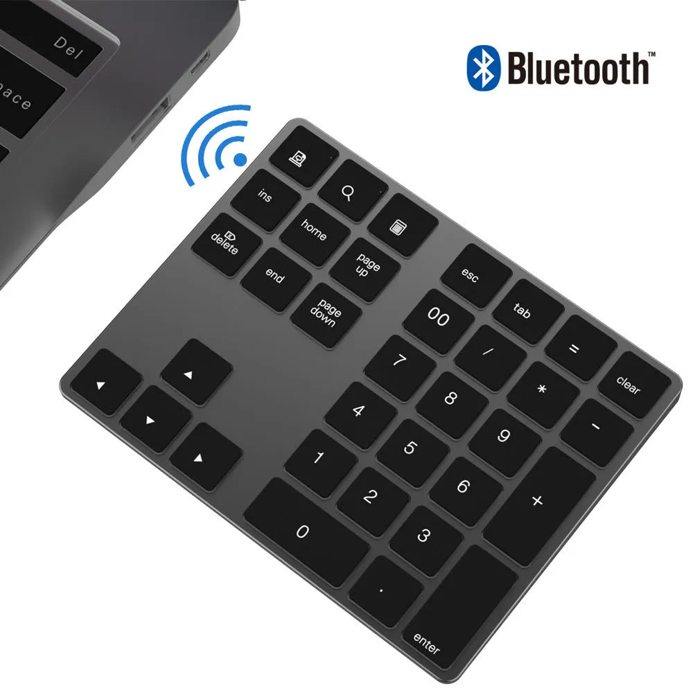 Aluminium 34-key wireless numeric keypad in black or silver with Bluetooth 3.0 for Windows iOS Android