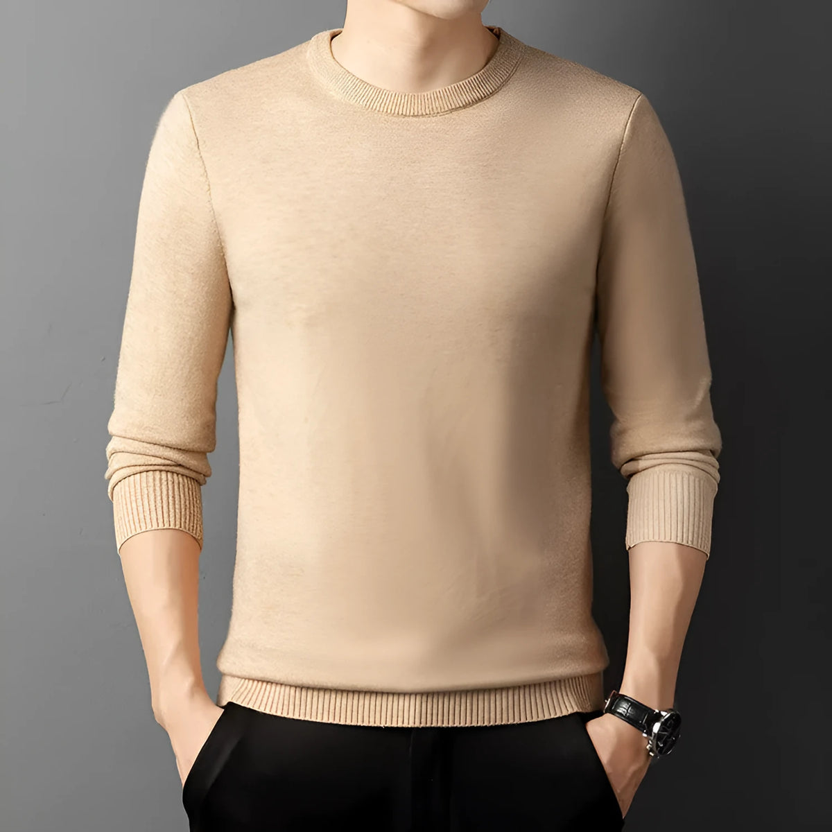 Core-spun yarn round neck semi-high collar knitted pullover sweater for men in khaki color