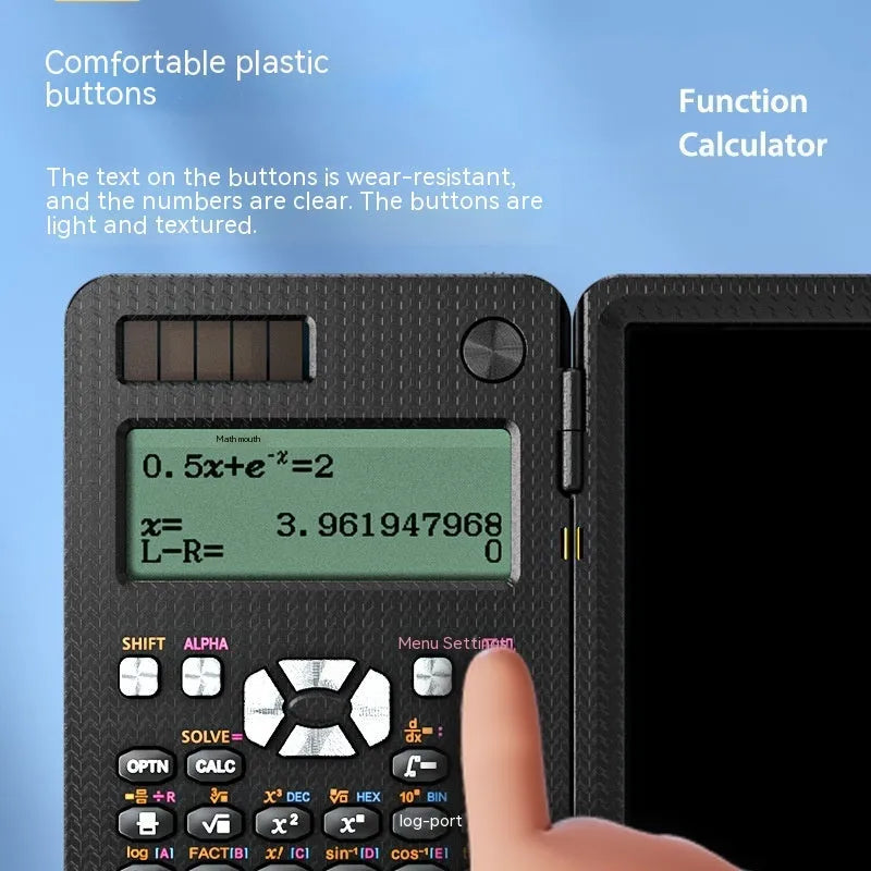 Black 2 in 1 foldable scientific calculator with handwriting LCD notepad on a desk