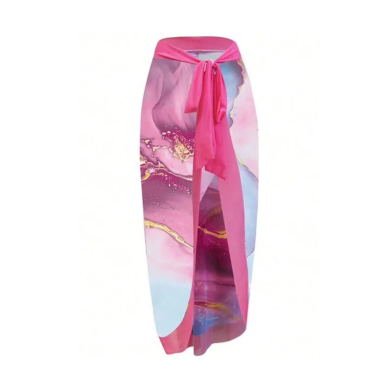 Women's pink printed sheath one-piece swimsuit with skirt for sun protection and swimming