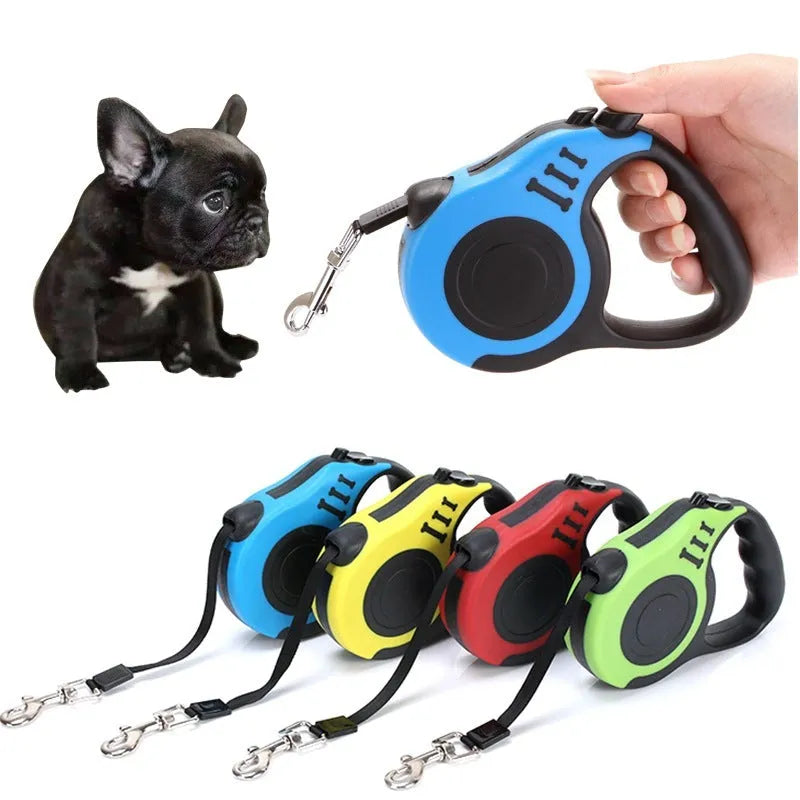 Automatic telescopic pet traction rope with one-handed braking, TPE PP handle, nylon lead, and metal buckle in blue, red, yellow, or green
