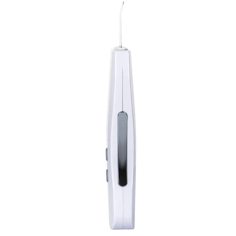 White ultrasonic facial cleanser with stainless steel head, 175x45x20mm, rechargeable 1000mAh battery