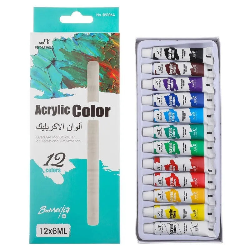 Multi-medium art pigment set showing 12-colour strips for acrylic, gouache, watercolour, oil, glass and textile painting