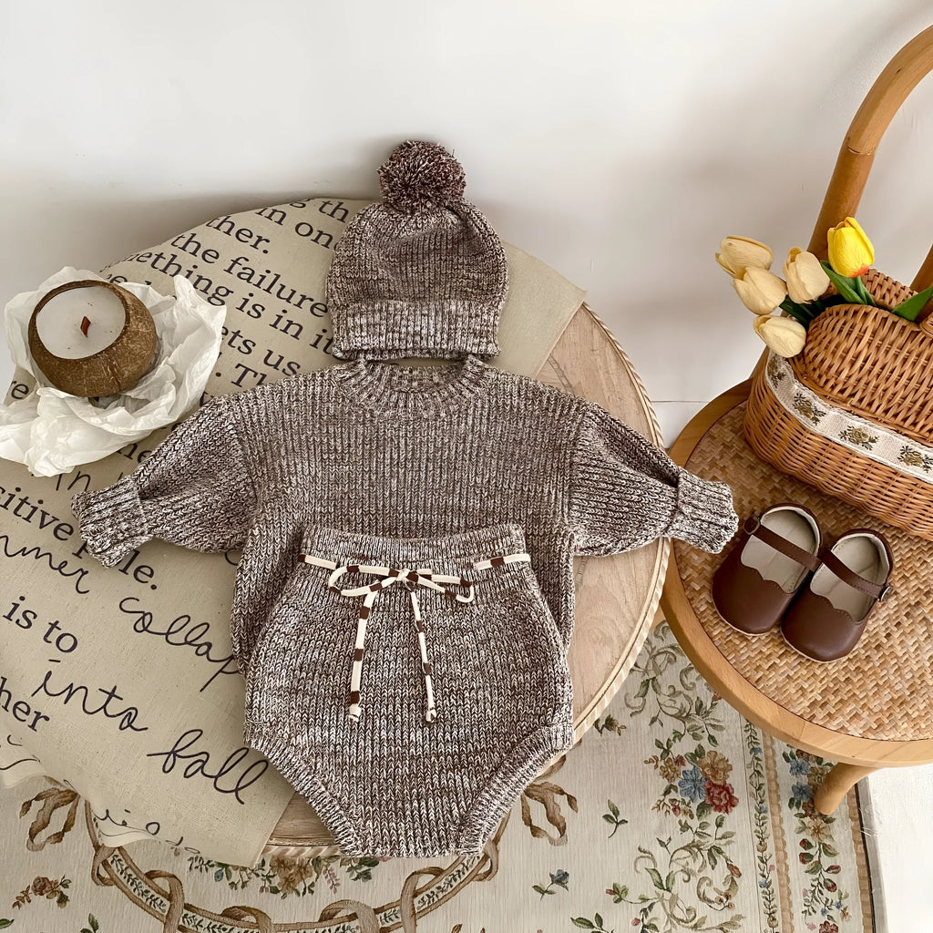 Infant baby girl dark brown cotton three-piece set with blouse, shorts and fur ball knitted hat