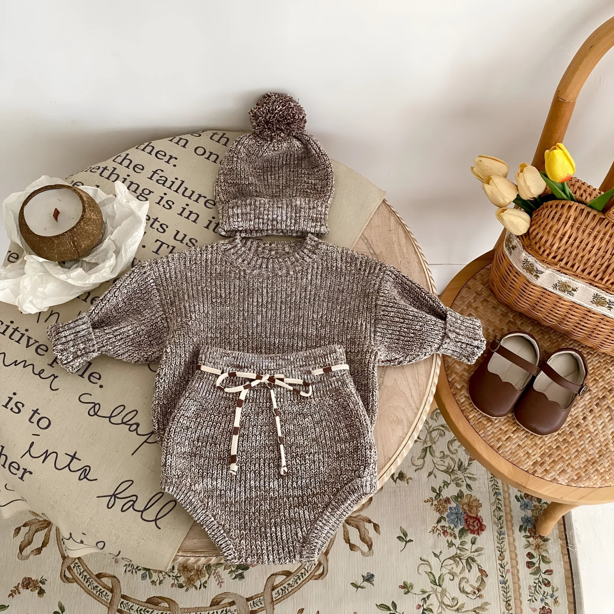 Infant baby girl dark brown cotton three-piece set with blouse, shorts and fur ball knitted hat