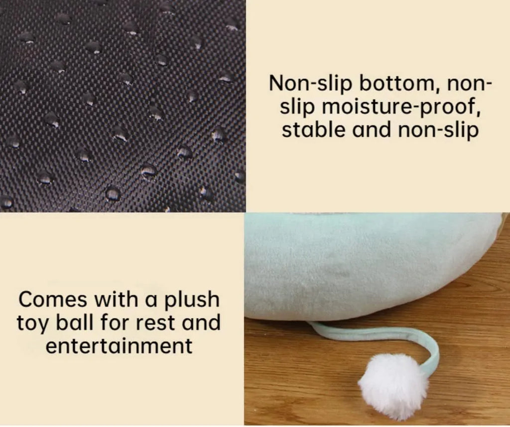 Green chick and dinosaur shaped cat bed shown both flat and hung as a hammock for small pets.