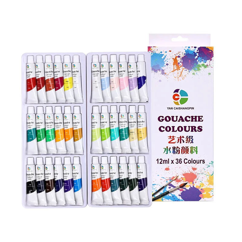 Children's gouache paint set with 12 colours in 12ml tubes and painting brushes