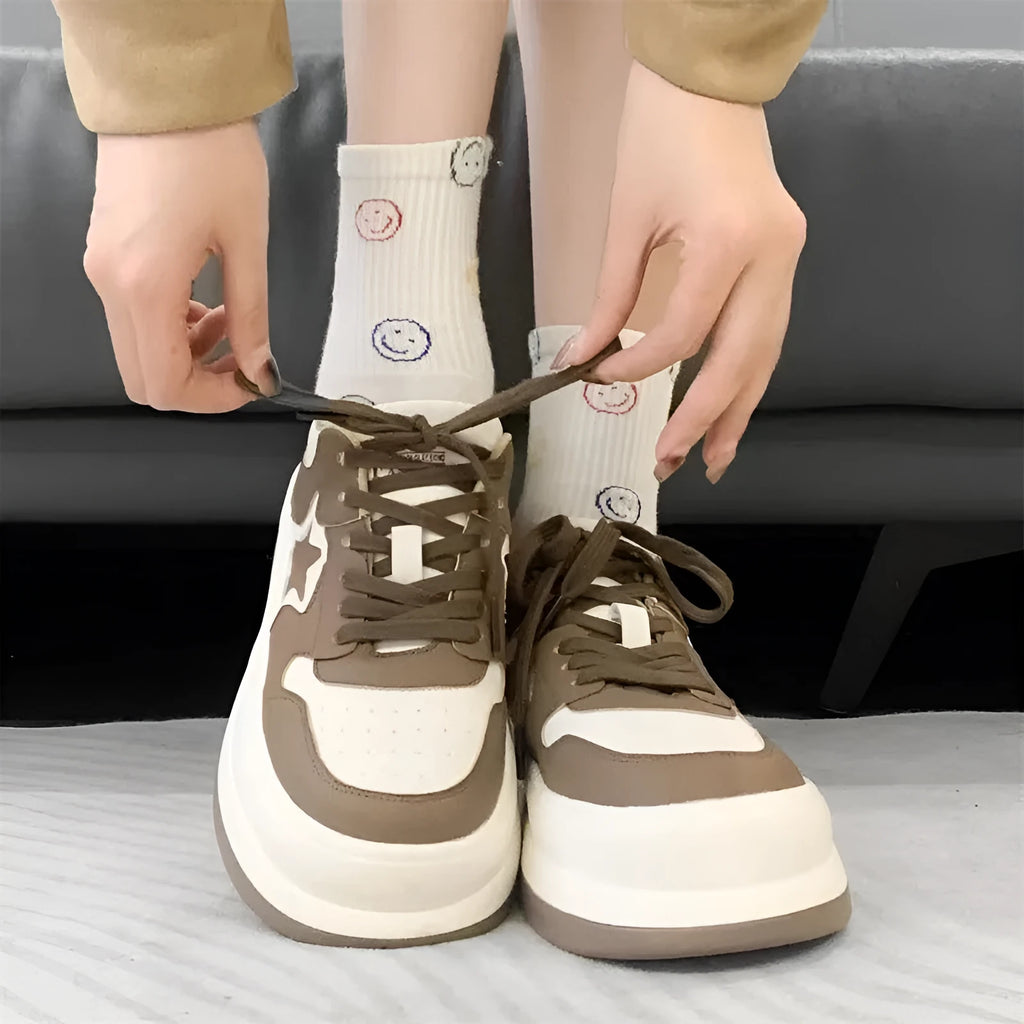 Women's casual star round head heightening sneakers with lace-up closure, rubber sole, black and khaki colour options