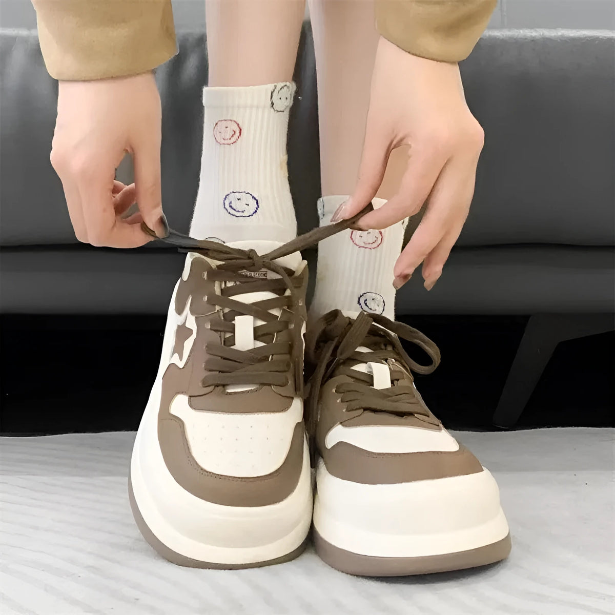 Women's casual star round head heightening sneakers with lace-up closure, rubber sole, black and khaki colour options