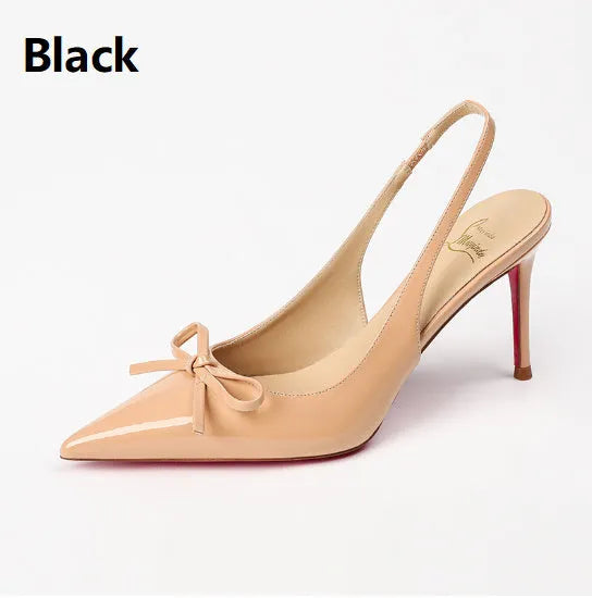 Women's patent leather pointed-toe high heels with 8cm heel in black, wine red, and nude colours