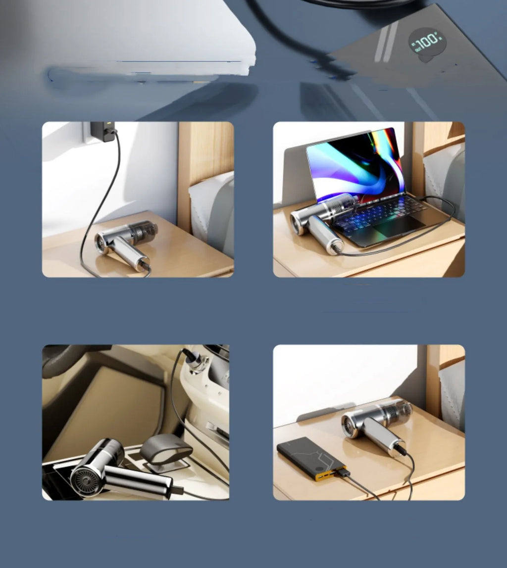 XY-2317 handheld cordless car vacuum cleaner with attachments including brush and blowing nozzle.