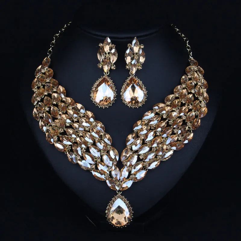 Luxury full drill bridal necklace and clavicle chain set in champagne colour