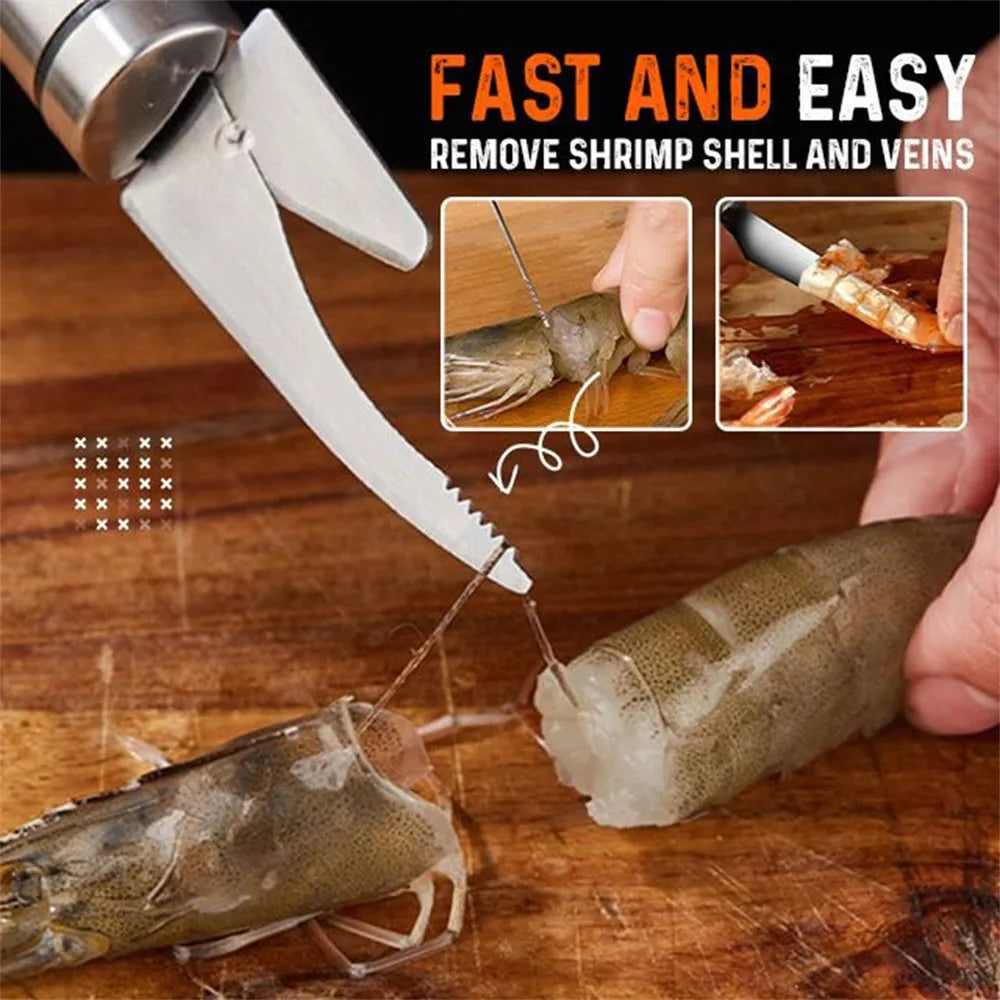 Multifunctional 304 stainless steel shrimp remover knife with eagle-beak tip and double row blades for peeling shrimp, splitting fish and scaling