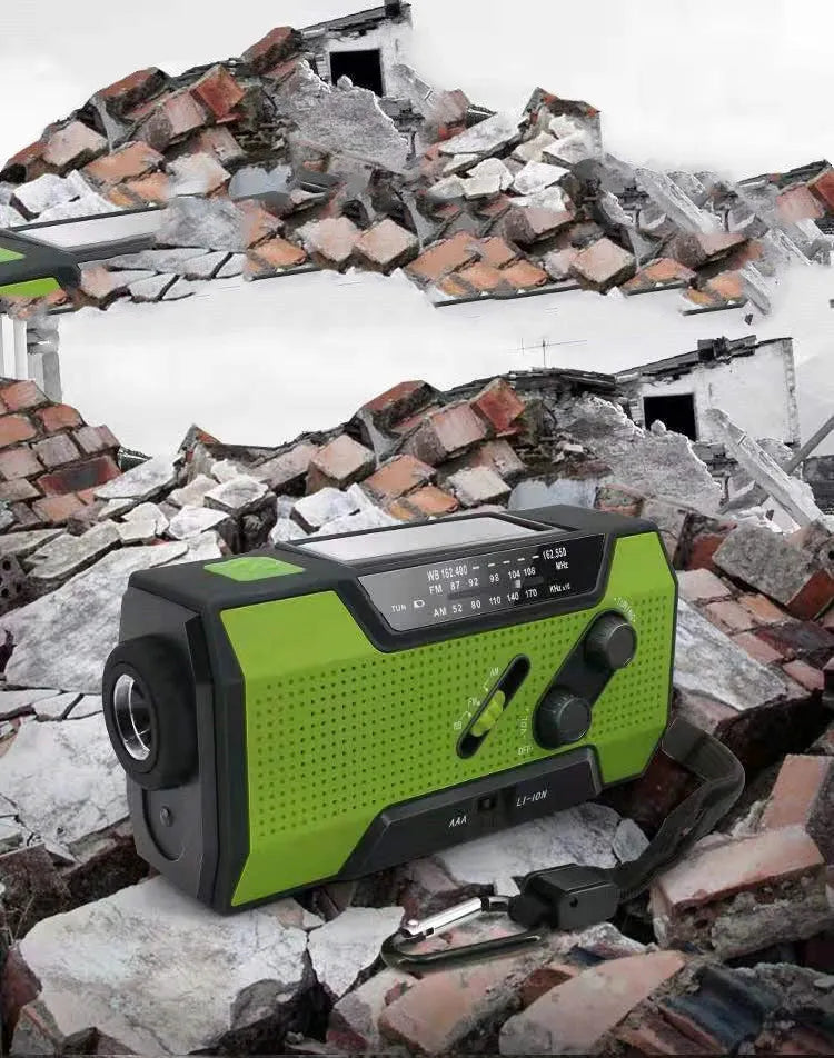 Pocket solar radio in engineering plastic, waterproof, solar charging, available in green, red, white, and yellow.