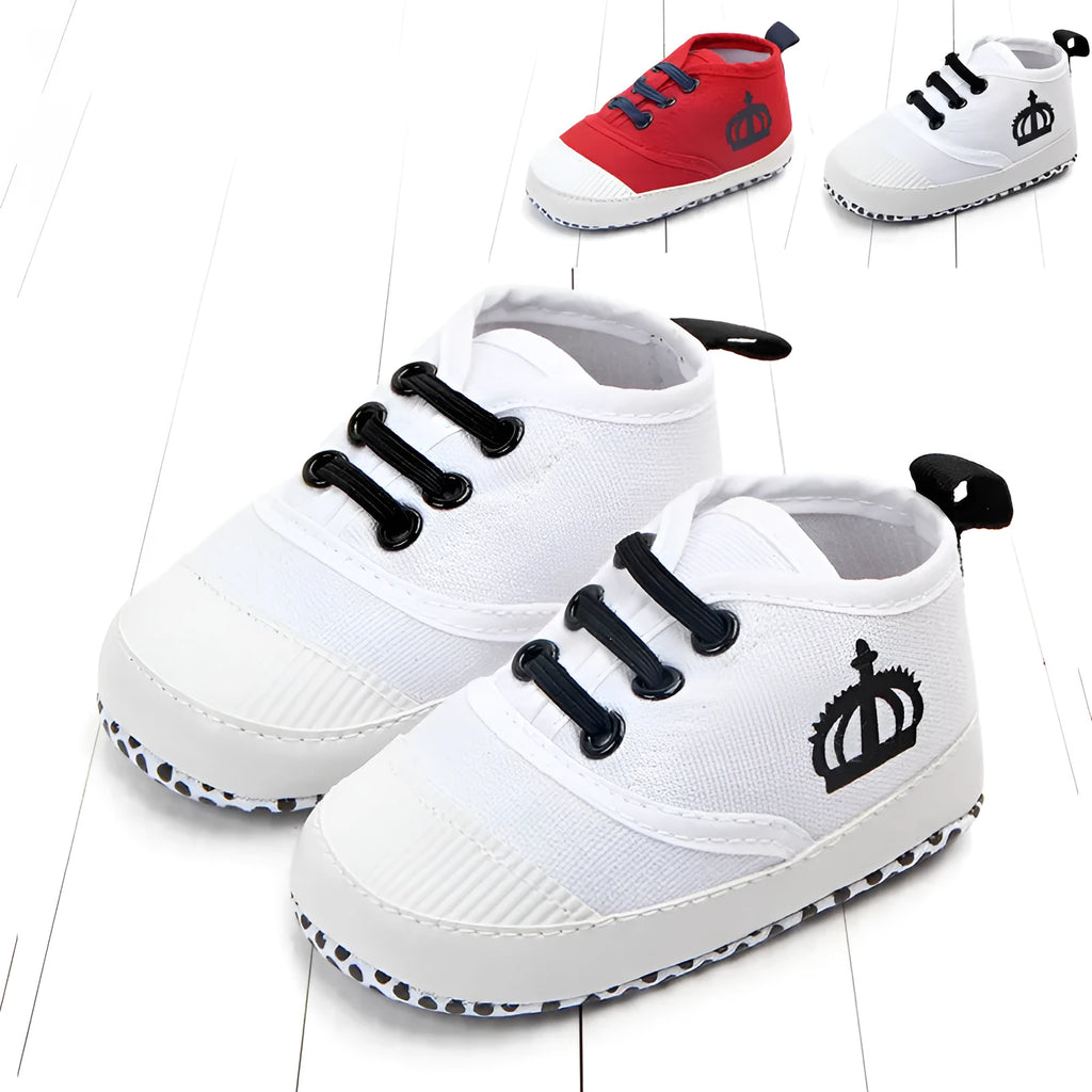 Red and white cotton canvas toddler shoes with elastic band closure in three size options