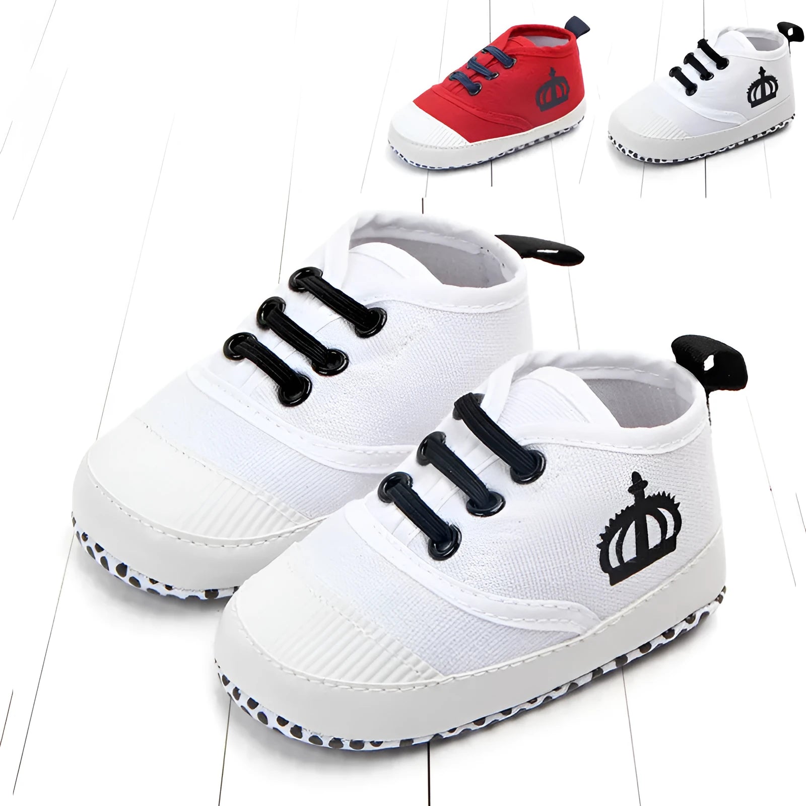 Red and white cotton canvas toddler shoes with elastic band closure in three size options