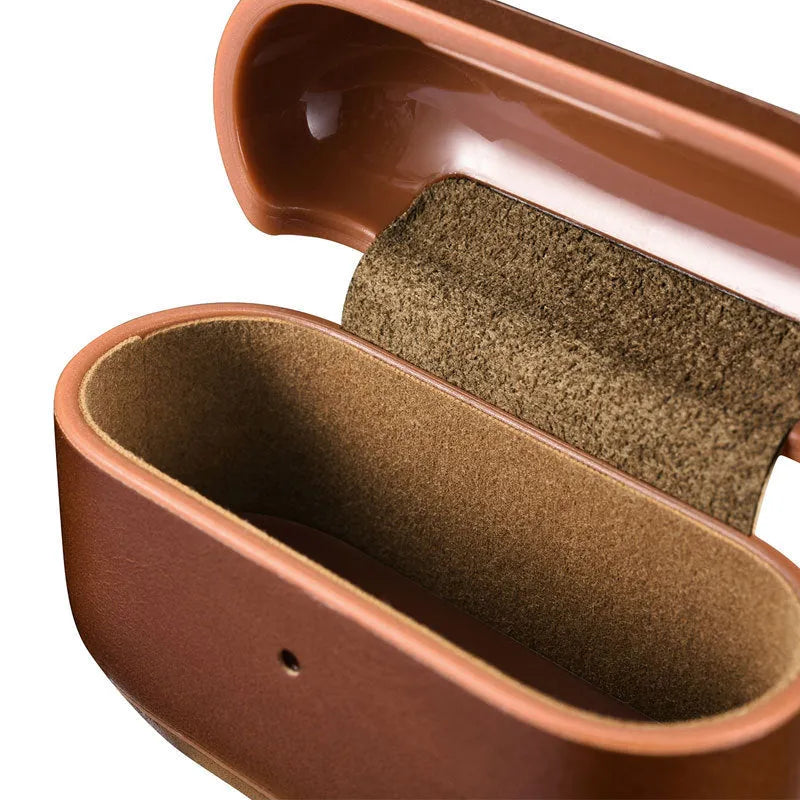 AirPods Pro protective sleeve flip case with ring buckle in brown plastic and leather