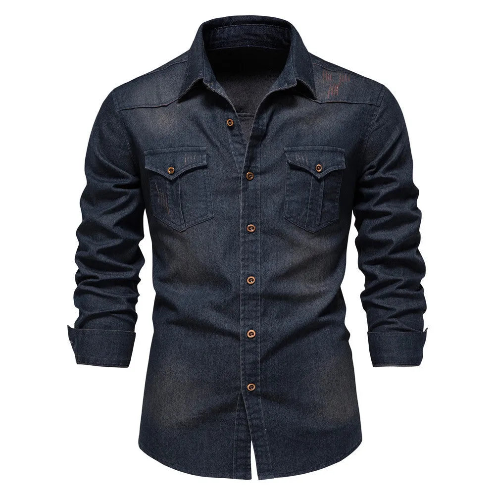Men's slim fit long-sleeved denim shirt in solid colour with button-up front.
