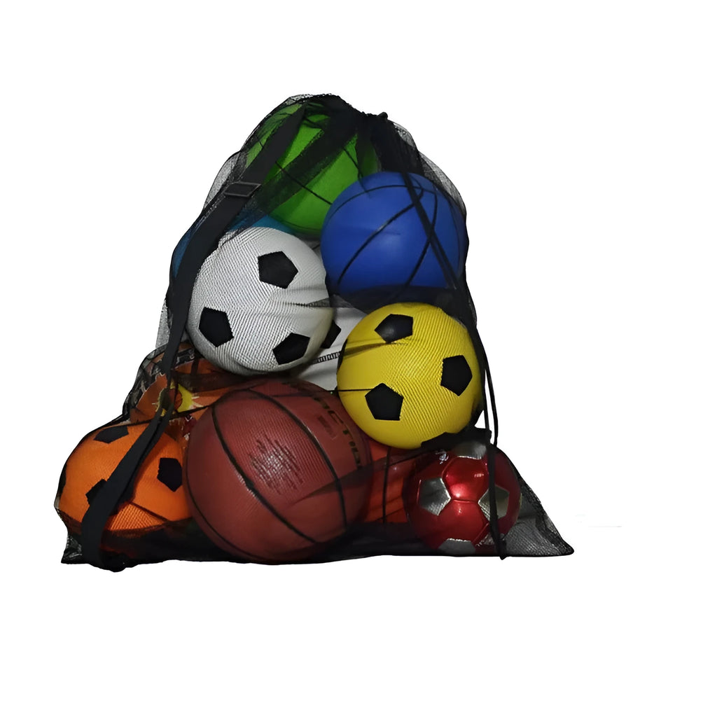 Large capacity black mesh storage bag holding footballs, basketballs, and volleyballs