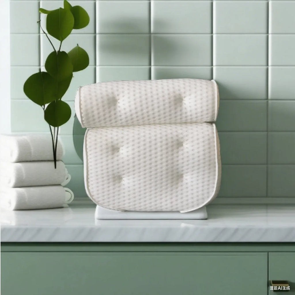 White 4D mesh bathtub pillow with 7 suction cups showing 3D breathable material construction