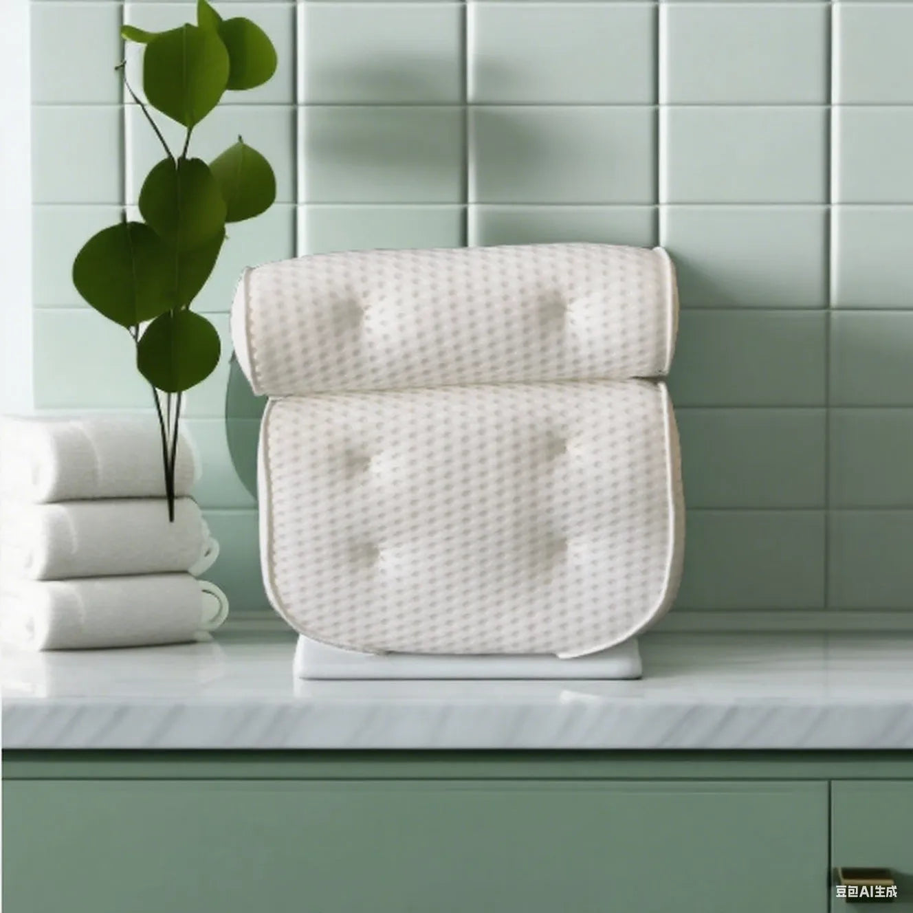 White 4D mesh bathtub pillow with 7 suction cups showing 3D breathable material construction