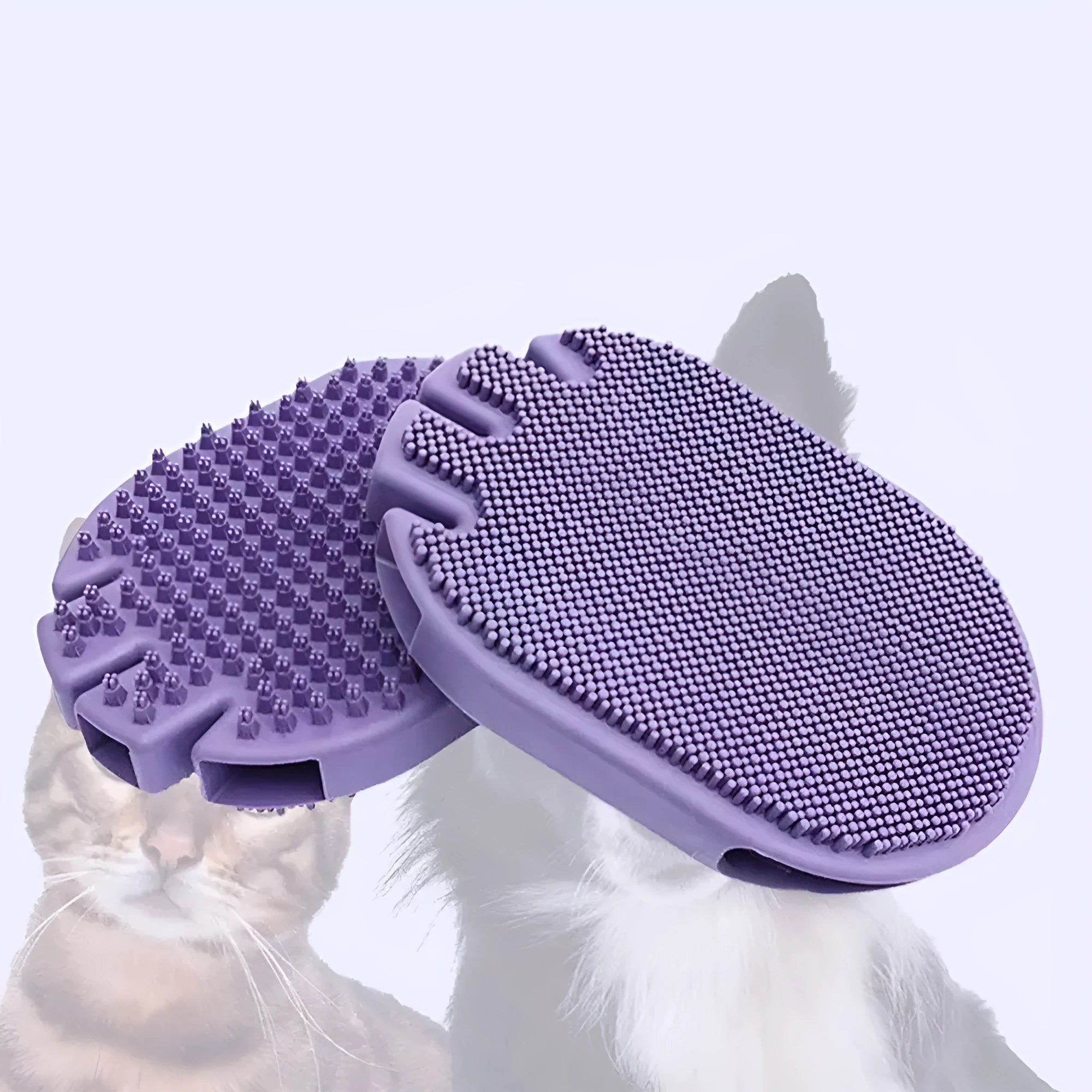 Purple pet grooming brush with dual-sided design and ergonomic handle for dog and cat bathing