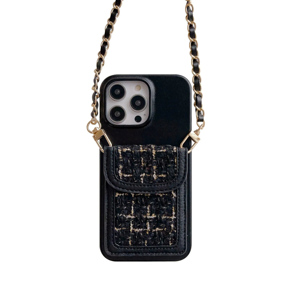 PU leather crossbody chain card holder back phone case in black with frosted finish