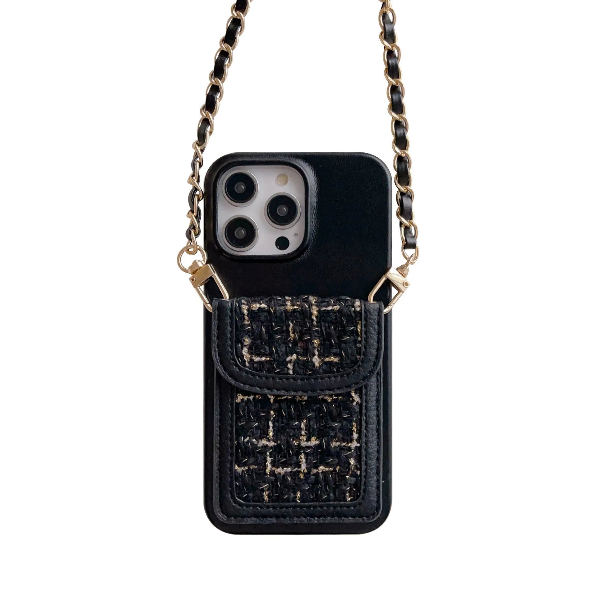 PU leather crossbody chain card holder back phone case in black with frosted finish
