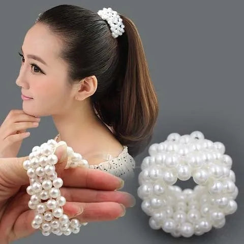 Fashion handmade beaded hair rope with imitation pearl beads in black colour