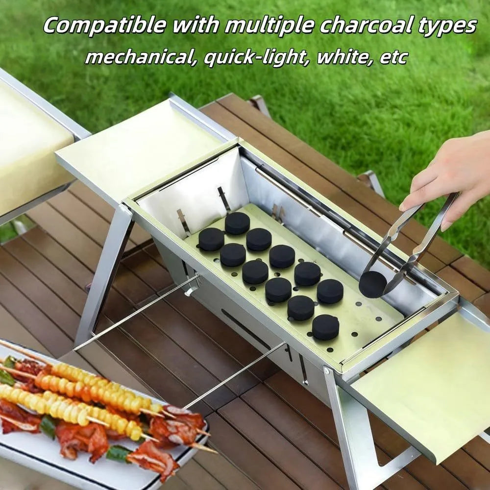 Small portable charcoal barbecue grill shown in folded and open positions for garden or camping use.
