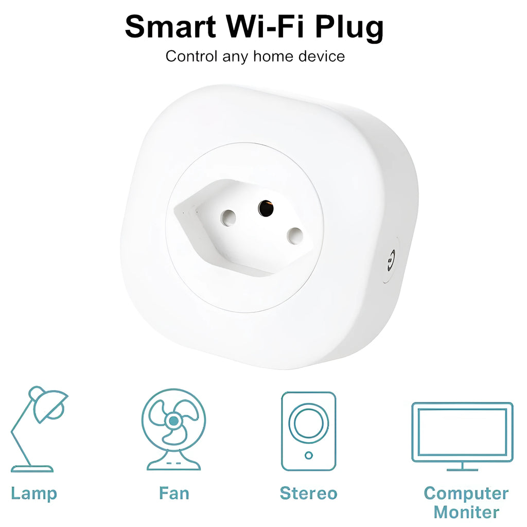 White smart socket plug with WiFi and voice control logo, showing EU/US plug pins.