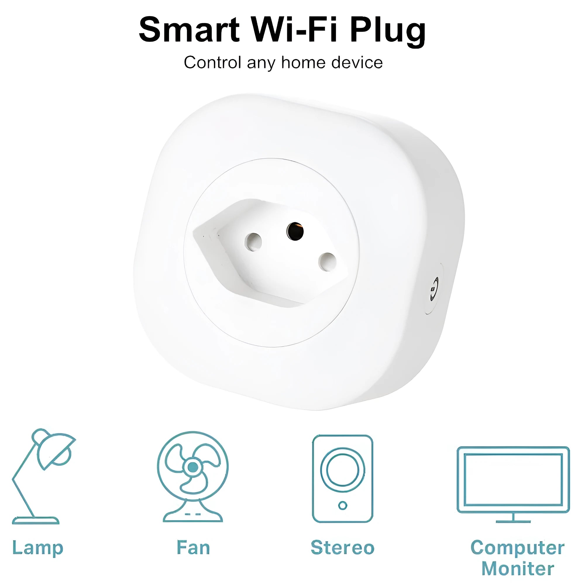 White smart socket plug with WiFi and voice control logo, showing EU/US plug pins.
