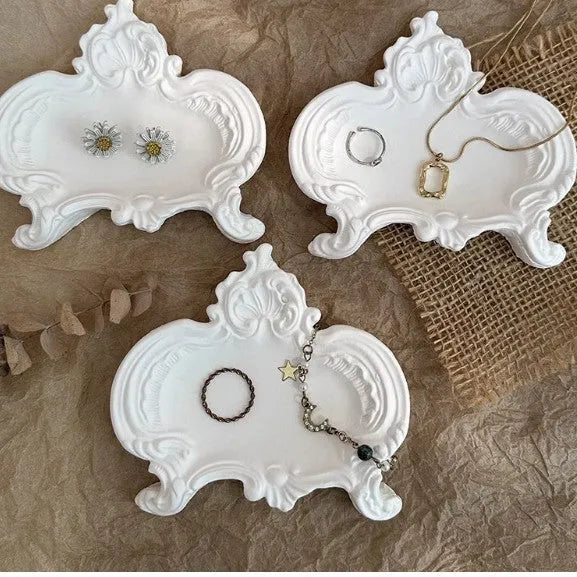 Vintage French relief gypsum jewellery display plate 13 by 21cm white artistic plaster stand with sculpted detailing