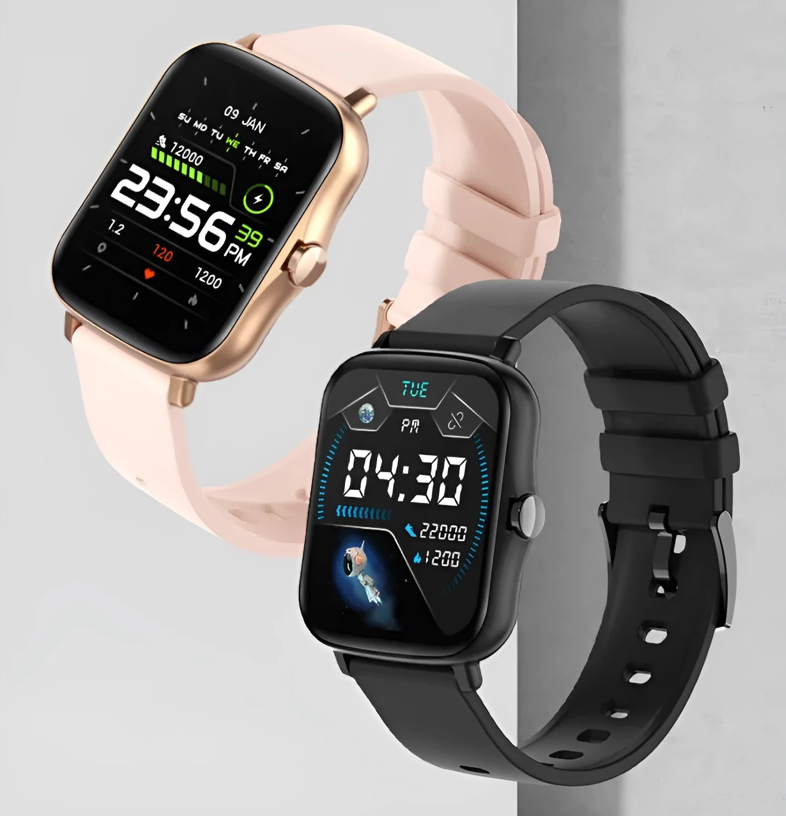Black smart sports watch with a 1.7-inch colour touch screen on a adjustable strap, showing the home screen interface.