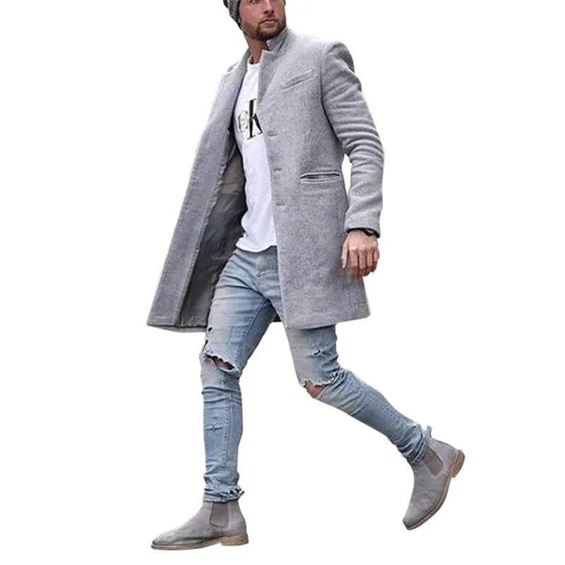 Men's long woolen trench coat, single breasted slim fit, black blue grey khaki, sizes XS to 5XL.