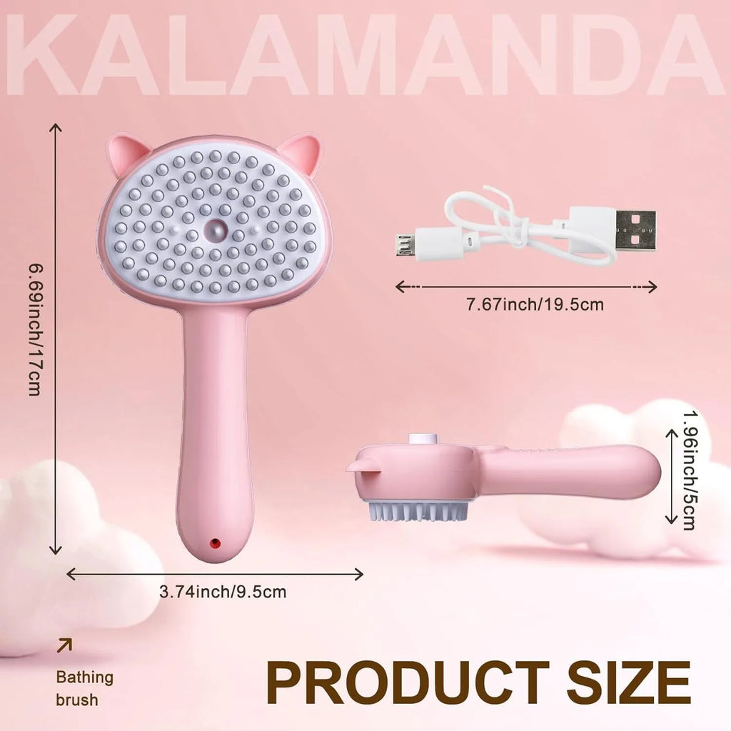 Cat ear-shaped steam grooming brush with ergonomic handle and coloured bristles