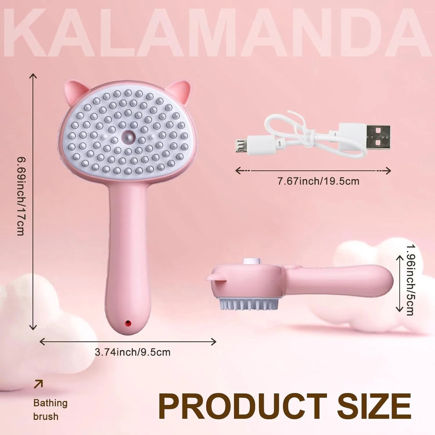 Cat ear-shaped steam grooming brush with ergonomic handle and coloured bristles