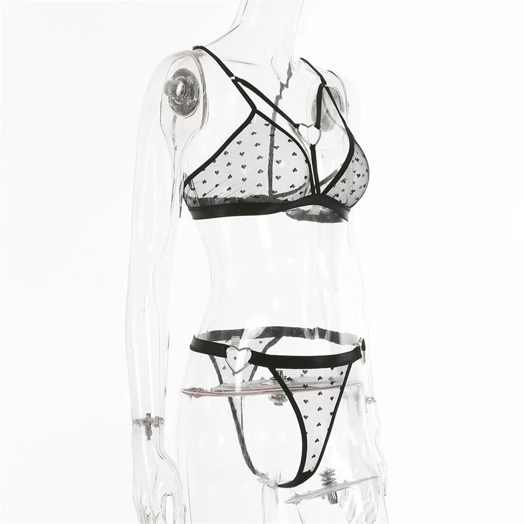 Ladies' black spandex mesh two-piece set with sleeveless top and full-length trousers