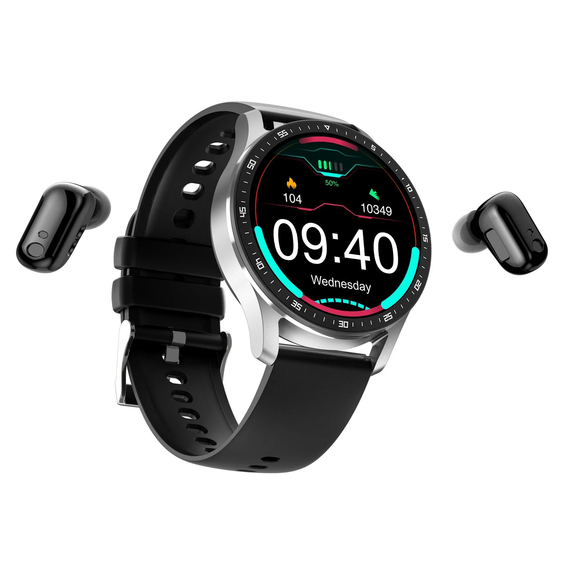 Black X7 smartwatch with integrated TWS earphones displayed on wrist, showing large HD touchscreen.