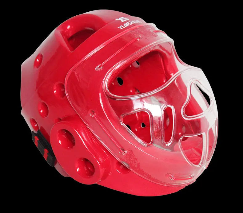 White, blue, and red karate helmet for boxing head protection, shown in S, M, L, XL sizes.