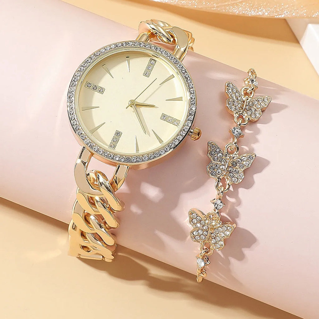 Women's wrist watch with thin alloy strap, circular dial, and titanium metal jewellery buckle