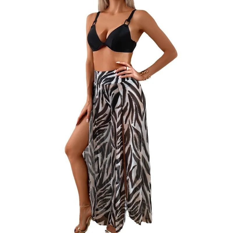 Women's three-piece bikini swimsuit set in quick-dry polyester fabric with multiple pattern options