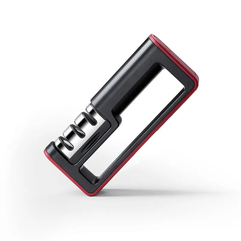 Professional black and red 3-stage knife sharpener with non-skid rubber feet