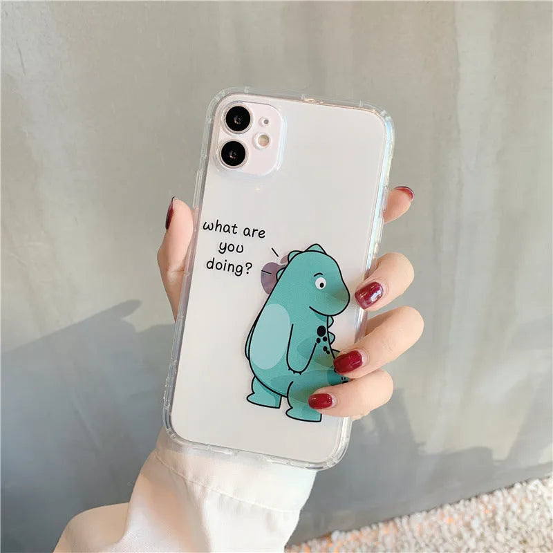 Transparent iPhone case with dinosaur couple design showing airbag anti-fall protection